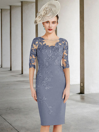 ダークグレー 花嫁の母のためのパーティードレスジュエルネックハーフスリーブシースレースウェディングゲストドレス無料カスタマイズ