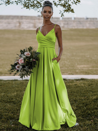 グラスグリーンブライドメイドドレス 弾性シルクのようなサテン Aライン マキシレングスフォーマルガウン