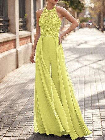 スイセン色レースネックハンギングシフォンジャンプスーツ