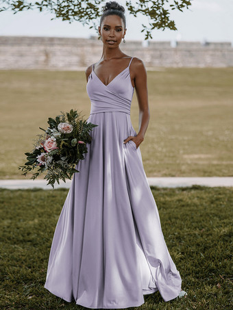 ライラックブライドメイドドレス 弾性シルクのようなサテン Aライン マキシレングスフォーマルガウン