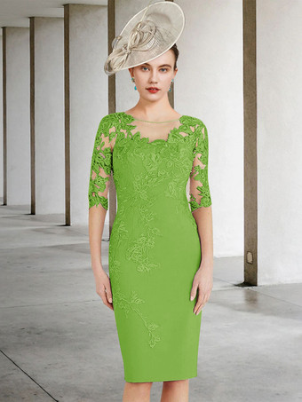 グリーン 花嫁の母のためのパーティードレスジュエルネックハーフスリーブシースレースウェディングゲストドレス無料カスタマイズ