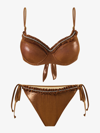 2025年夏向けの光沢のあるビキニとマキシスカートの3ピース水着セット