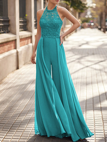 ティールレースネックハンギングシフォンジャンプスーツ