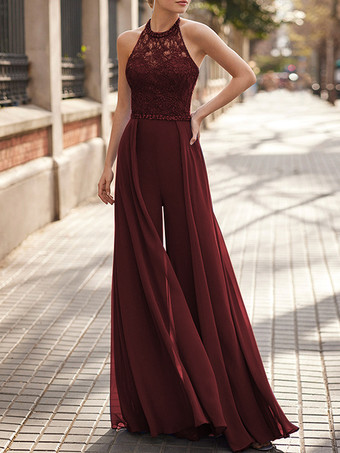 バーガンディーレースネックハンギングシフォンジャンプスーツ