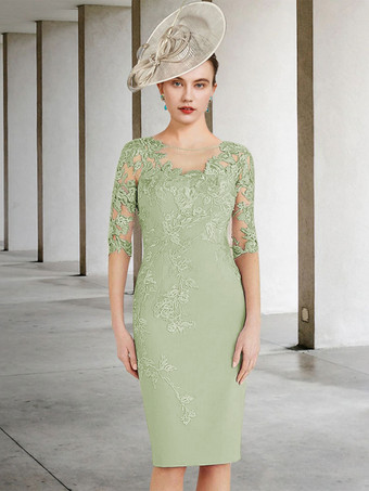 セージグリーン花嫁の母のためのパーティードレスジュエルネックハーフスリーブシースレースウェディングゲストドレス無料カスタマイズ