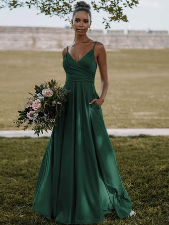 ダークグリーンブライドメイドドレス 弾性シルクのようなサテン Aライン マキシレングスフォーマルガウン