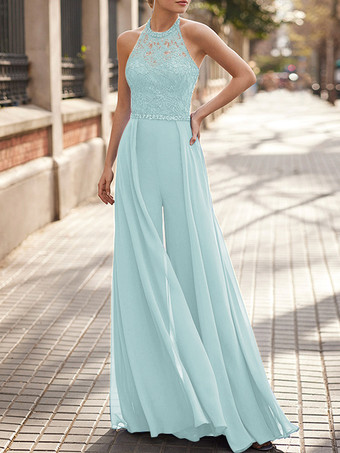 スカイブルー レースネックハンギングシフォンジャンプスーツ