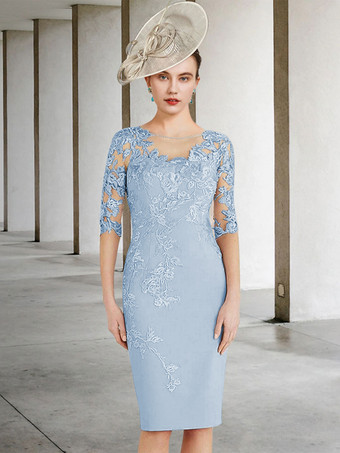 ブルー花嫁の母のためのパーティードレスジュエルネックハーフスリーブシースレースウェディングゲストドレス無料カスタマイズ