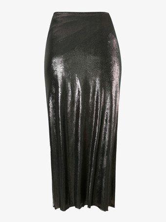 2025年夏のビーチにぴったりな光沢のある黒のVネックモノキニとハイスリットスカートの2点セット