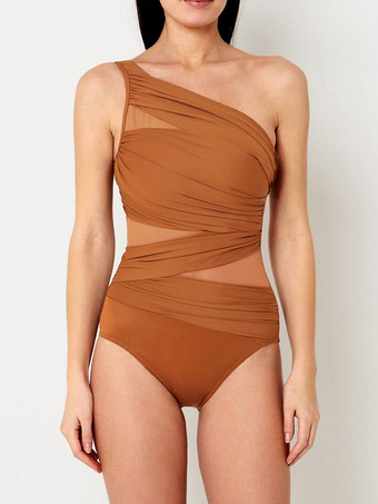 ワンショルダーメッシュパッチワークワンピース水着レディース2025