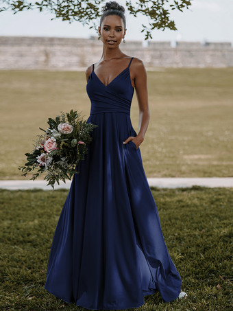 ダークネイビーブライドメイドドレス 弾性シルクのようなサテン Aライン マキシレングスフォーマルガウン