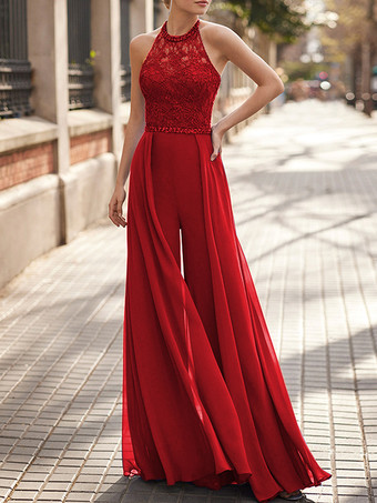 レッド レースネックハンギングシフォンジャンプスーツ