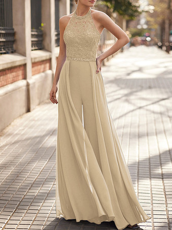 シャンパンレースネックハンギングシフォンジャンプスーツ