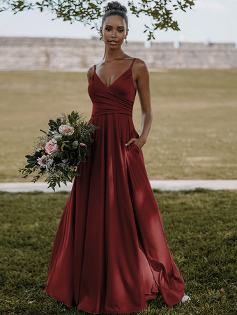 バーガンディーブライドメイドドレス 弾性シルクのようなサテン Aライン マキシレングスフォーマルガウン