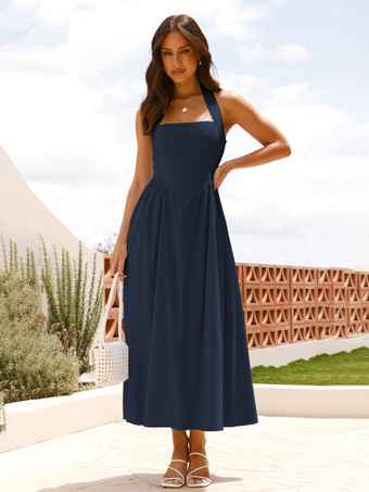 ダークネイビーホルター マキシ パーティードレス Aライン セミフォーマル サマードレス レディース 2025