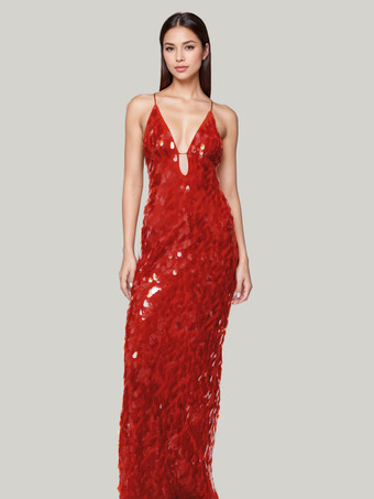 赤いスパンコールのマキシドレス、深いVネック、スパゲッティストラップ、セクシーなフォーマルパーティーロングドレス、女性用 2025