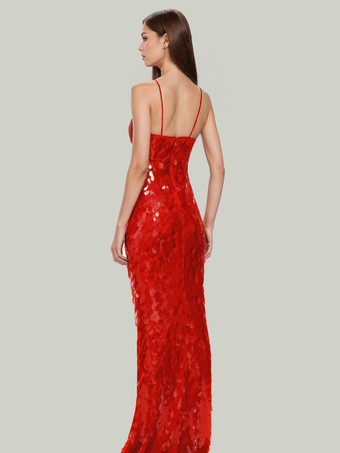 赤いスパンコールのマキシドレス、深いVネック、スパゲッティストラップ、セクシーなフォーマルパーティーロングドレス、女性用 2025