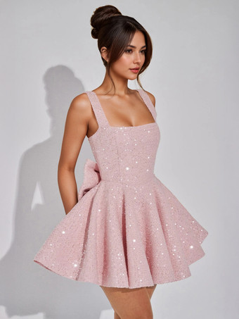 スパンコールミニドレス（リボンバックスクエアネックAライン）レディース誕生日パーティードレス 2025