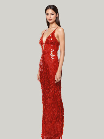 赤いスパンコールのマキシドレス、深いVネック、スパゲッティストラップ、セクシーなフォーマルパーティーロングドレス、女性用 2025
