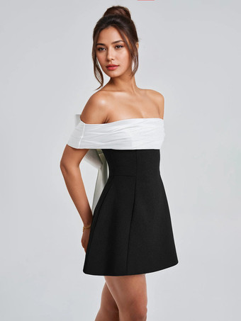 オフショルダーミニドレス、リボンバックAライン、女性用バースデーパーティードレス 2025