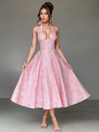 ソフトピンクの花柄ミディドレス ホルターネック 夏 Aライン ヴィンテージドレス レディース 2025