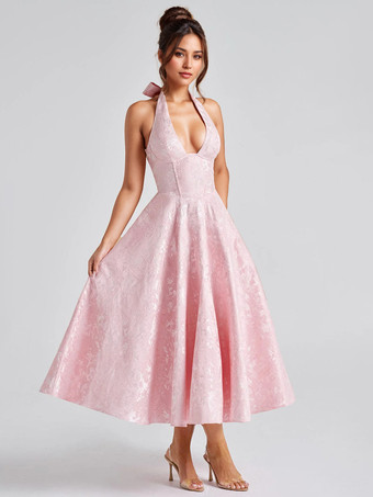 ソフトピンクの花柄ミディドレス ホルターネック 夏 Aライン ヴィンテージドレス レディース 2025