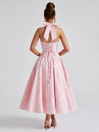 ソフトピンクの花柄ミディドレス ホルターネック 夏 Aライン ヴィンテージドレス レディース 2025