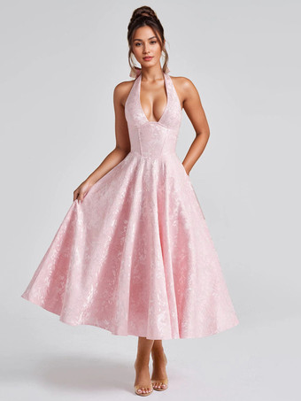 ソフトピンクの花柄ミディドレス ホルターネック 夏 Aライン ヴィンテージドレス レディース 2025