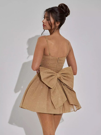 Vestido mini con lazo y purpurina corte A con tirantes para fiesta de cumpleaños para mujer (2025)