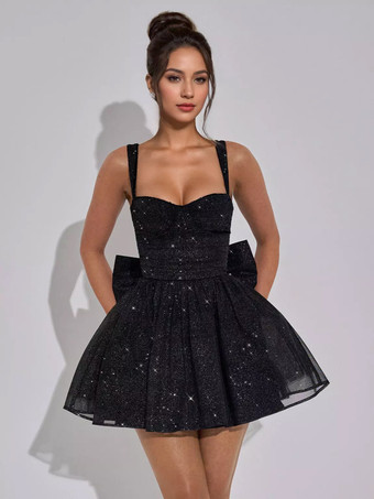 negro Vestido mini con lazo y purpurina corte A con tirantes para fiesta de cumpleaños para mujer (2025)