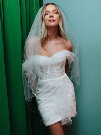 アイボリーブライダルミニドレス ショートウェディングドレス ストラップレス 半袖 シース ショートブライダルドレス