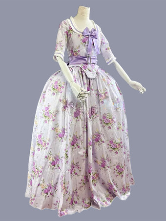 パープル グリーン レトロ コスチューム 女性用 花柄 フリル 弓 ポリエステル チュニック ドレス マリー アントワネット コスチューム レトロ パーティー ウエディングドレス