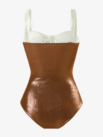 光沢のあるカラーブロックモノキニとミディビーチスカート、パール付き 3 ピース水着セット 2025