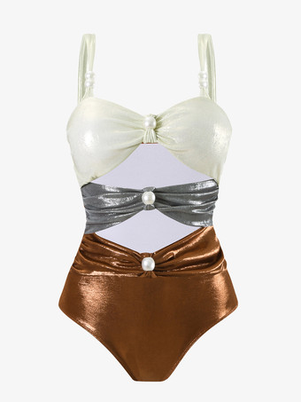 光沢のあるカラーブロックモノキニとミディビーチスカート、パール付き 3 ピース水着セット 2025