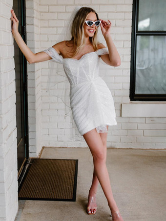 ブライダルミニドレス ショートウェディングドレス ストラップレス 半袖 シース ショートブライダルドレス