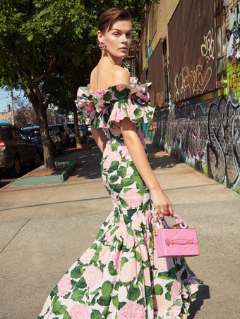 花柄プリント オフショルダー フリル 2ピース水着とロングスカートセット 2025