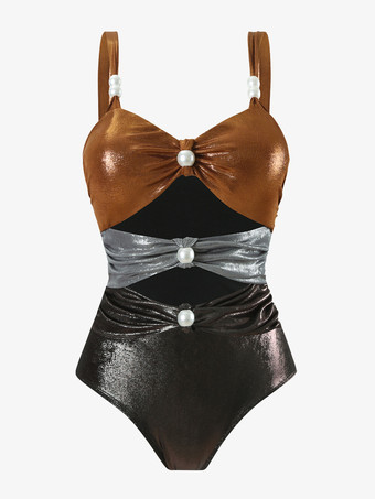 光沢のあるカラーブロックモノキニとミディビーチスカート、パール付き 3 ピース水着セット 2025