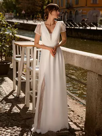 Boho Wedding Dress Lace Split Front A-Line Floor-Length Natural Waist  Zipper Short Sleeves V-Neck Ivory - Milanoo.com