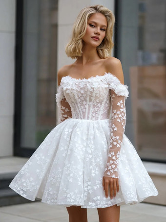 アイボリーブライダルミニドレス ショートウェディングドレス バトーネック 3/4丈スリーブ Aライン ショートブライダルガウン