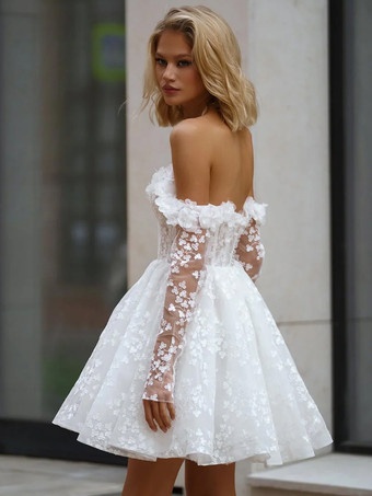 ブライダルミニドレス ショートウェディングドレス バトーネック 3/4丈スリーブ Aライン ショートブライダルガウン