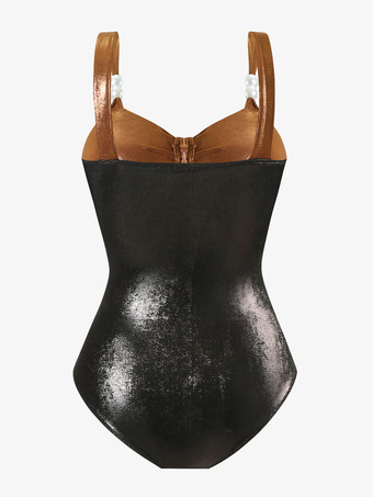 光沢のあるカラーブロックモノキニとミディビーチスカート、パール付き 3 ピース水着セット 2025