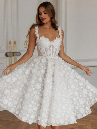 ブライダルミニドレス ショートウェディングドレス スウィートハートネック ノースリーブ Aライン ティーレングス ブライダルガウン