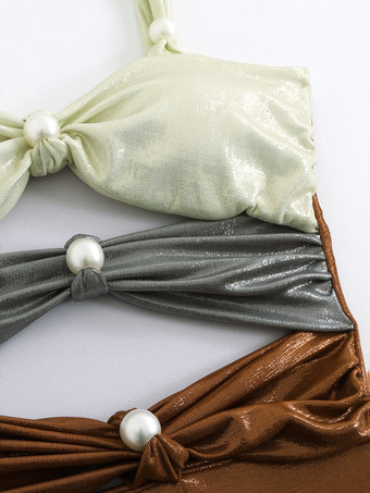 光沢のあるカラーブロックモノキニとミディビーチスカート、パール付き 3 ピース水着セット 2025