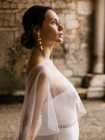 ウェディングラップ アイボリー スクープネック キャップスリーブ チュール ブライダル カバーアップ