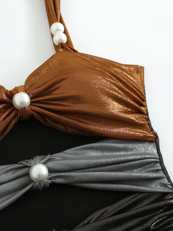 光沢のあるカラーブロックモノキニとミディビーチスカート、パール付き 3 ピース水着セット 2025