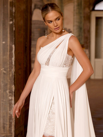 ボヘミアンウェディングドレス シフォンレース ツーピース トレーン付き ナチュラルウエスト ジッパー ノースリーブ デザインネックライン アイボリー