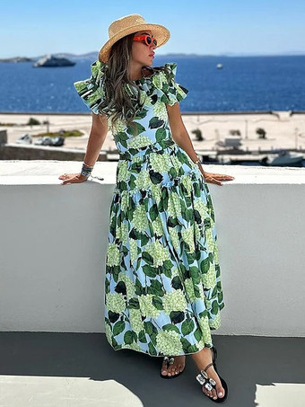 グリーン 花柄プリントオフショルダーフリルワンピース水着とロングスカートセット 2025