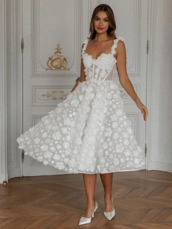 ブライダルミニドレス ショートウェディングドレス スウィートハートネック ノースリーブ Aライン ティーレングス ブライダルガウン