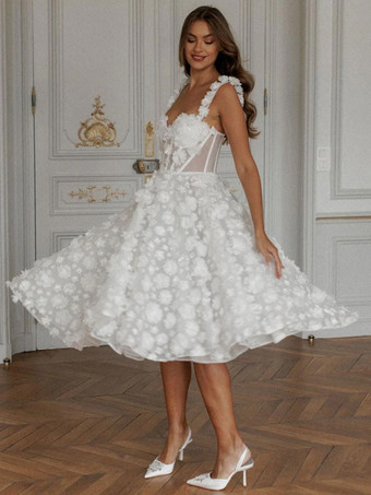 ブライダルミニドレス ショートウェディングドレス スウィートハートネック ノースリーブ Aライン ティーレングス ブライダルガウン