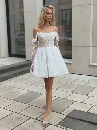 ブライダルミニドレス ショートウェディングドレス バトーネック 3/4丈スリーブ Aライン ショートブライダルガウン